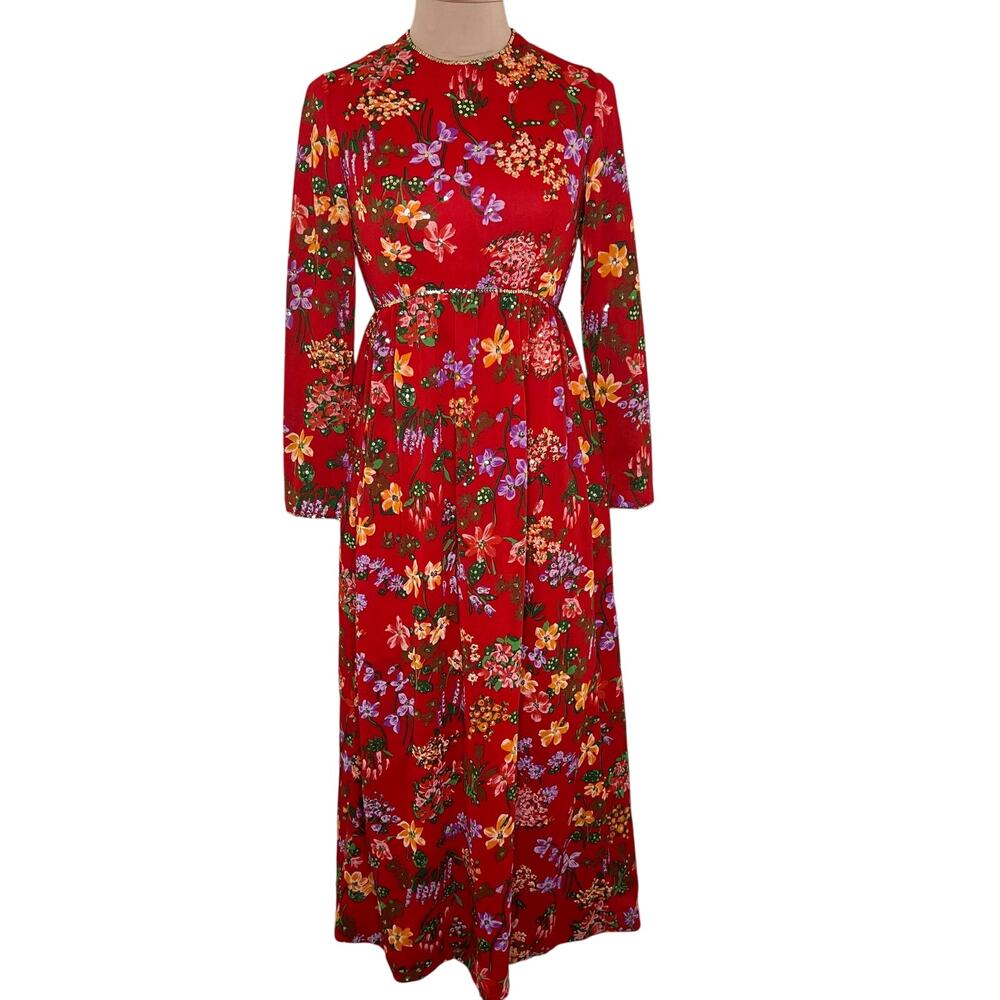 60s Victoria Royal Ltd Maxi Dress 8 Red Floral Sequin Mid Century Empire Waist